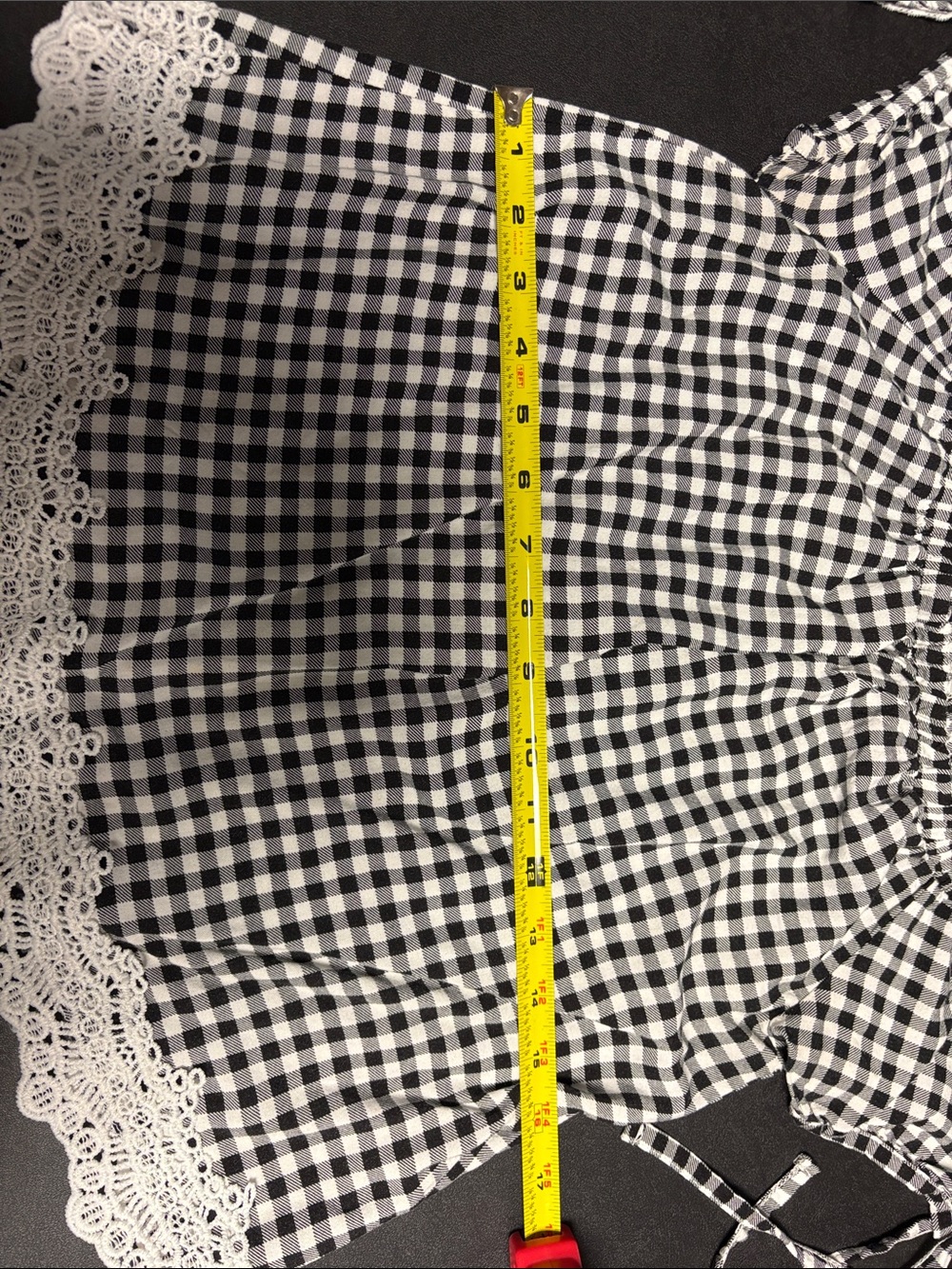 Crave Fame Black and White Gingham Off-Shoulder Top with Lace Hem - Picture 9 of 12
